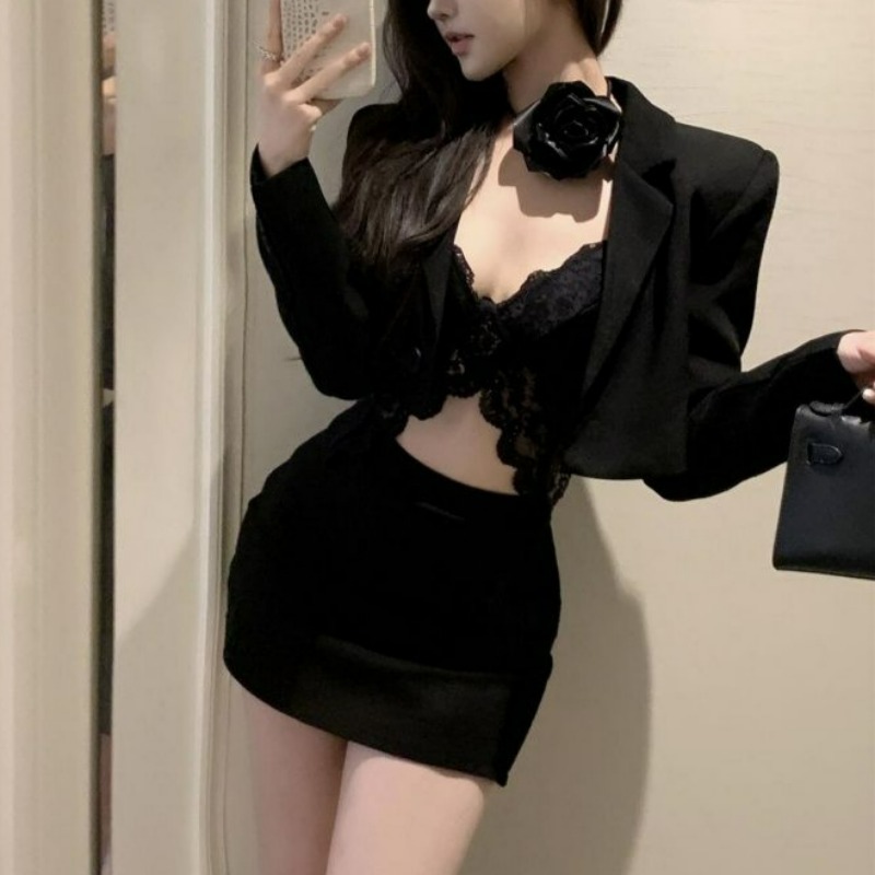 Lace Bralette Set - Blazer de printemps noir en dentelle,